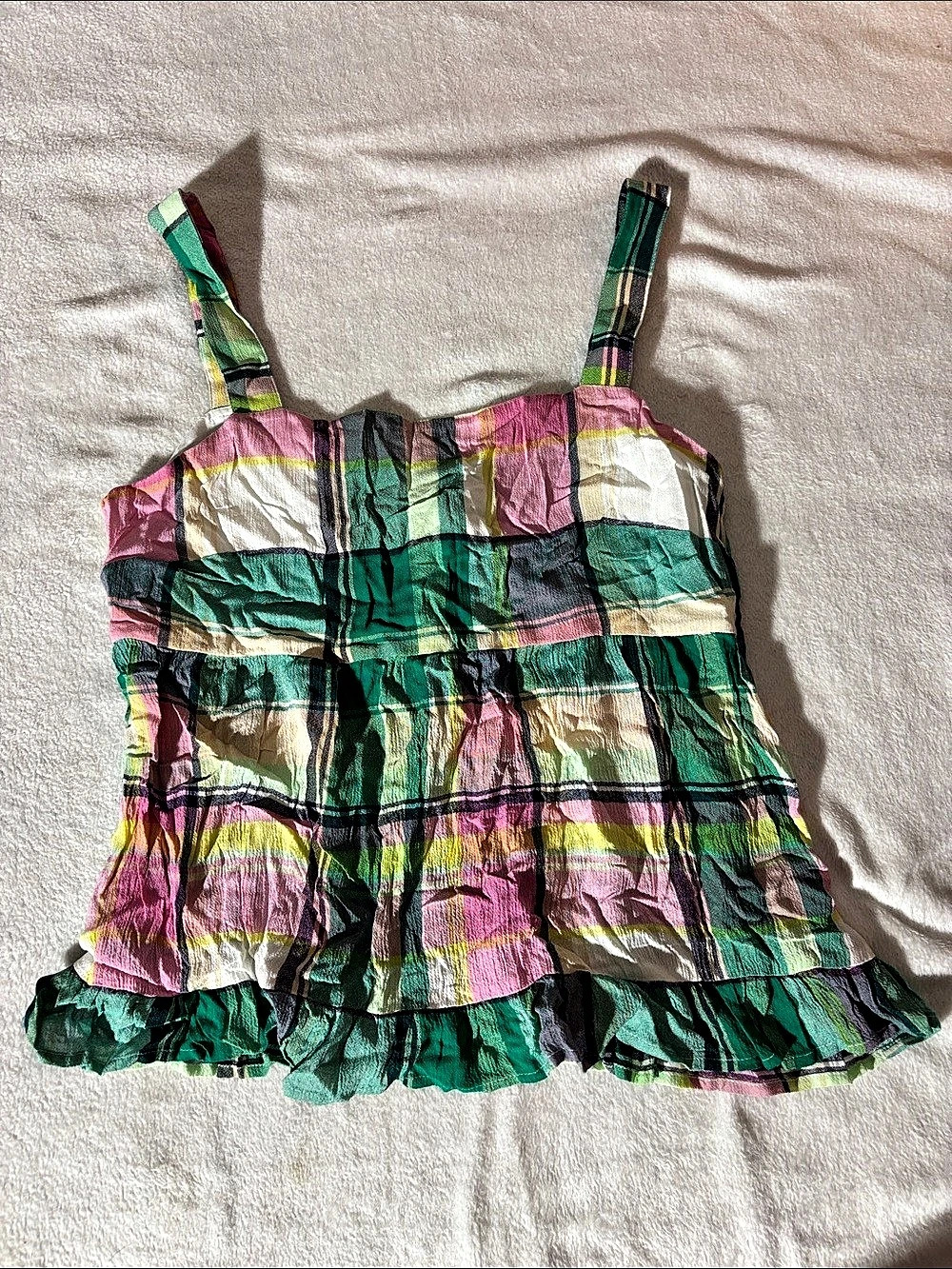 LOFT Plaid Ruffle Camisole Green & Pink Size 12P